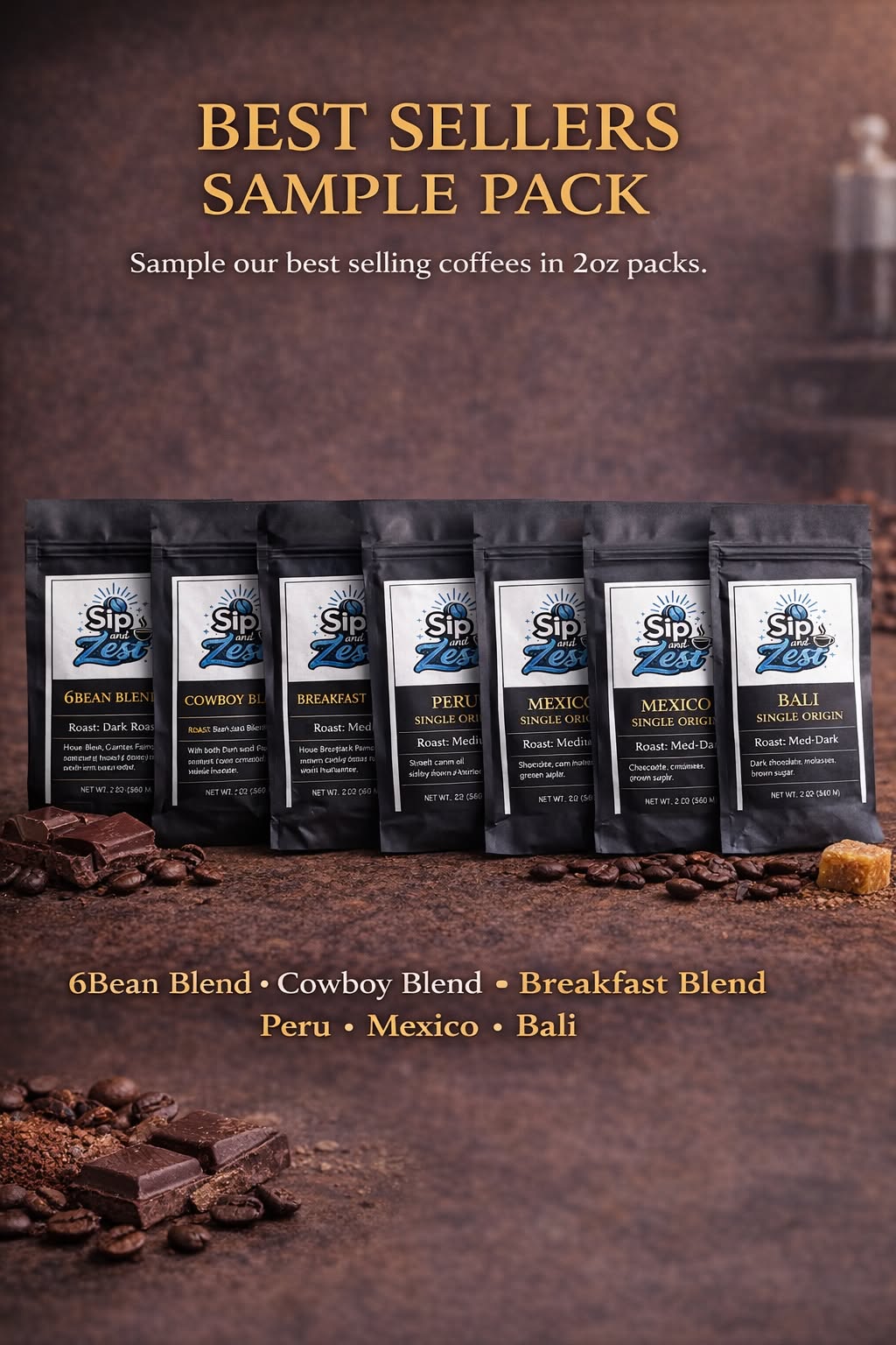 Best Sellers Sample Pack: 6Bean, Cowboy, Breakfast, Peru, Mexico, Bali